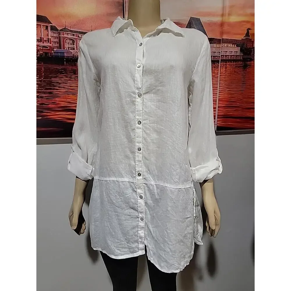 Tahari 100% Linen White Size M Roll-tab Sleeves Button Down Shirt Tunic Top #C - Picture 4 of 12